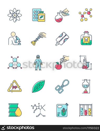 Science and nature interaction color icons set. Biotechnologies equipment. Experiment methodology. Working in laboratory. Products synthesis. Organic chemistry research. Isolated vector illustrations