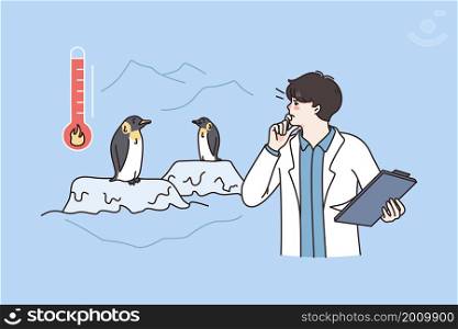 Science and north habitat concept. Young man scientist standing and making research of penguins life in north during global warming vector illustration . Science and north habitat concept