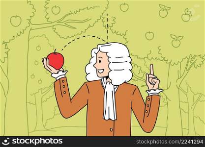 Science and physical experience concept. Sir Isaac Newton scientist standing and exploring gravity with red fallen apple in hands vector illustration . Science and physical experience concept