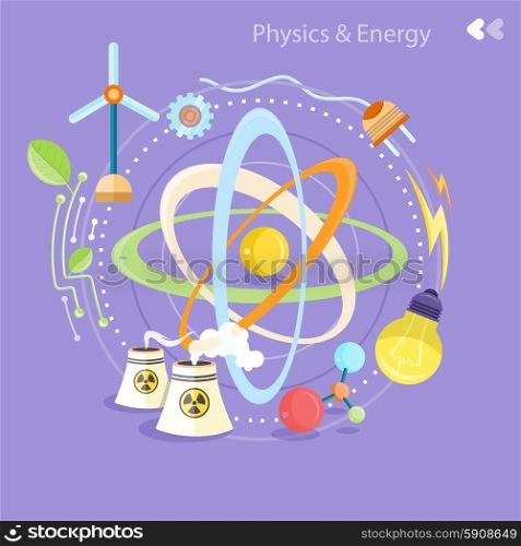 Science and physics energy icons set. Chemistry, physics, biology. Concept in flat design cartoon style on stylish background