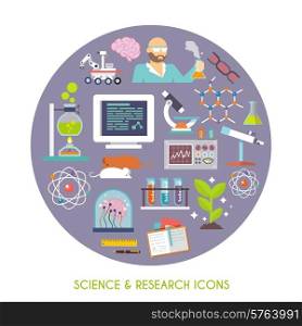 Science and research concept with flat lab equipment icons set vector illustration. Science And Research Icon Flat