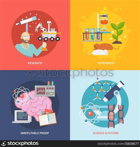 Science and research design concept set with experiment irrefutable proof future flat icons isolated vector illustration. Science And Research Set