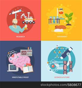 Science and research design concept set with experiment irrefutable proof future flat icons isolated vector illustration. Science And Research Set