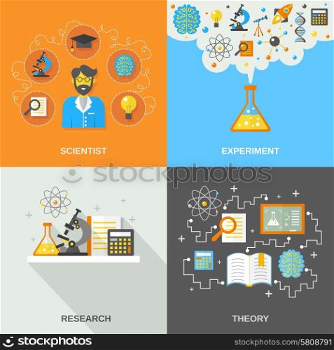 Science and research design concept set with scientist theory and experiment flat icons isolated vector illustration. Science And Research Flat