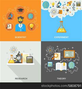 Science and research design concept set with scientist theory and experiment flat icons isolated vector illustration. Science And Research Flat