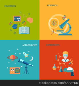 Science and research flat icons set with education research astrophysics experiments isolated vector illustration