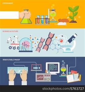 Science and research horizontal banner set with experiment irrefutable proof and future flat elements isolated vector illustration