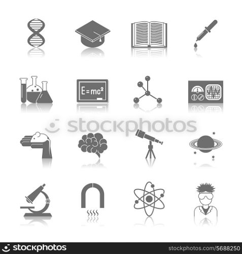 Science and research icon black set with dna graduation hat book isolated vector illustration