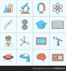 Science and research icon flat line set with beaker microscope magnet isolated vector illustration