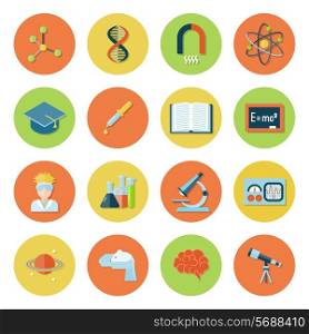 Science and research icon flat set with atom dna magnet molecule isolated vector illustration