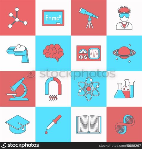 Science and research icon flat set with dna graduation hat book isolated vector illustration