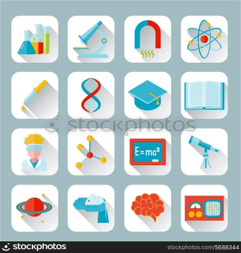 Science and research icon flat set with flask microscope magnet atom isolated vector illustration