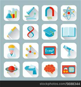 Science and research icon flat set with flask microscope magnet atom isolated vector illustration