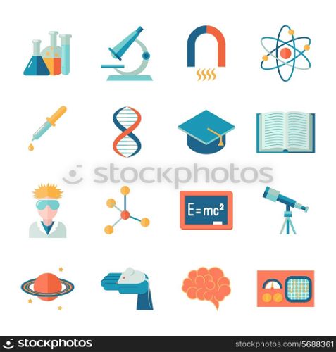 Science and research icon flat set with microscope tube atom isolated vector illustration