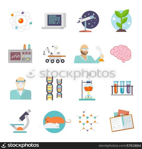 Science and research icon flat set with scientist lab and equipment symbols isolated vector illustration