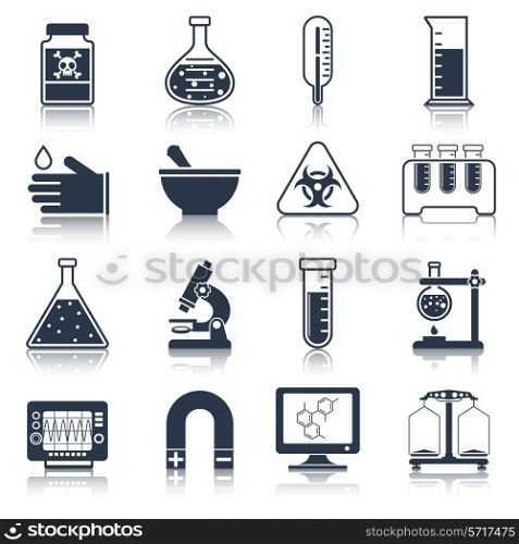 Science and research laboratory black icons set with poison tube thermometer glass isolated vector illustration