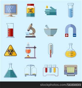 Science and research laboratory icons set with monitor poison protective gloves flask isolated vector illustration