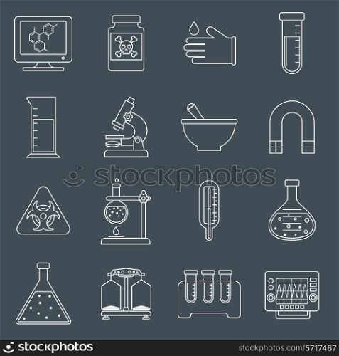 Science and research laboratory outline line icons set with hazard sign beaker thermometer flask isolated vector illustration