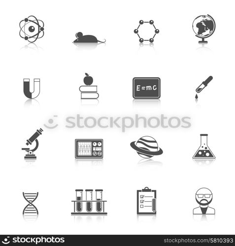 Science And Scholarship Icon Set . Science study research and scholarship devices and accessories flat black with reflection icon set isolated vector illustration