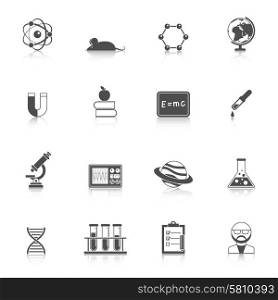 Science And Scholarship Icon Set . Science study research and scholarship devices and accessories flat black with reflection icon set isolated vector illustration