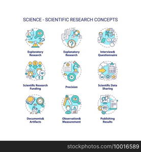 Science and scientific researching concept icons set. Observation and measurements idea thin line RGB color illustrations. Scientific theory. Vector isolated outline drawings. Editable stroke. Science and scientific researching concept icons set