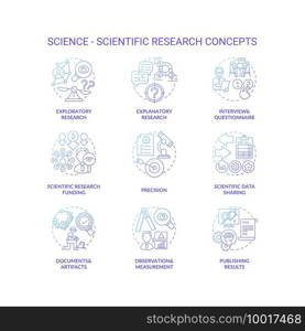 Science and scientific researching dark gradient concept icons set. Scientific research funding idea thin line RGB color illustrations. Scientific theory. Vector isolated outline drawings. Science and scientific researching dark gradient concept icons set