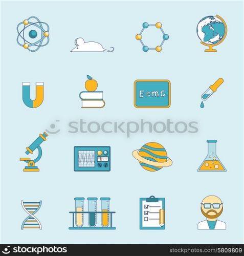 Science And Study Icon Set . Science research scholarship and study symbols and devices flat lined color icon set isolated vector illustration