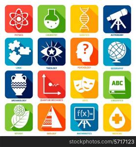 Science areas flat icons set with physics chemistry genetics isolated vector illustration
