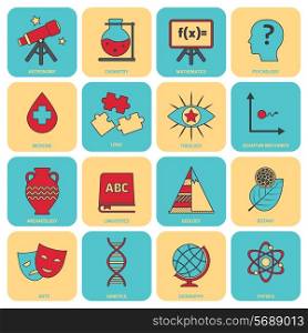 Science areas flat line icons set with astronomy chemistry mathematics symbols isolated vector illustration