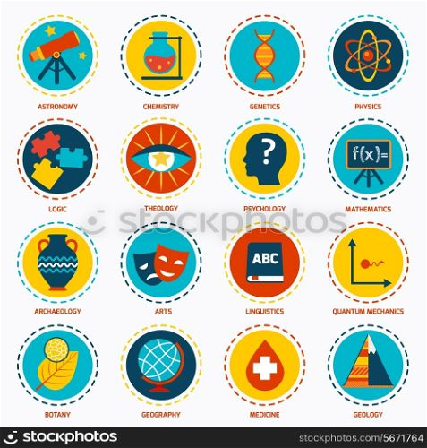 Science areas icons set with astronomy chemistry genetics isolated vector illustration