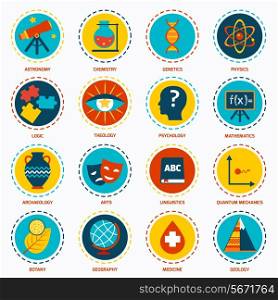 Science areas icons set with astronomy chemistry genetics isolated vector illustration