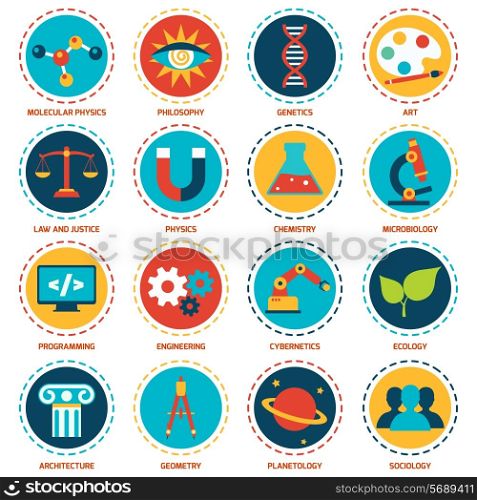 Science areas icons set with molecular physics philosophy genetics art isolated vector illustration