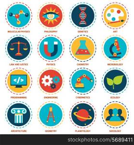 Science areas icons set with molecular physics philosophy genetics art isolated vector illustration