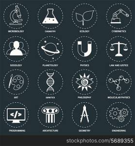 Science areas icons white set with microbiology chemistry ecology cybernetics isolated vector illustration