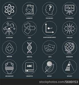 Science areas outline icons set with physics chemistry psychology isolated vector illustration