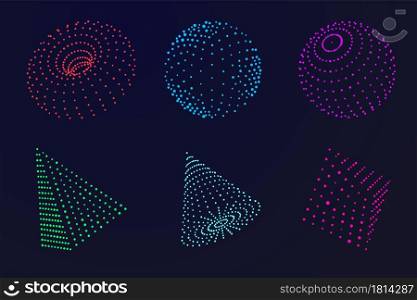 Science atom sphere. Digital grid globe, abstract color dots geometric form. 3d wireframes particle, futuristic technology recent vector set. Illustration science sphere grid, 3d abstract technology. Science atom sphere. Digital grid globe, abstract color dots geometric form. 3d wireframes particle, futuristic technology recent vector set