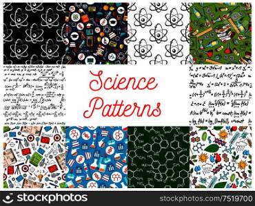 Science backgrounds with patterns. Seamless wallpaper with icons of formula, microscope, telescope, atom, dna, chemicals, substance, gene, molecule, globe, proton magnet calculator lamp Mathematics physics chemistry symbols. Science seamless pattern backgrounds