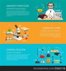 Science banner horizontal set with university professor and laboratory work realistic elements isolated vector illustration. Science Banner Horizontal