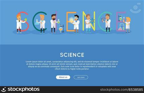 Science Banner. Science Alphabet.. Science banner. Science alphabet. ABC vector with scientists at work. Simple colored letters and scientist character. Scientific research, learning, science test, technology illustration in flat