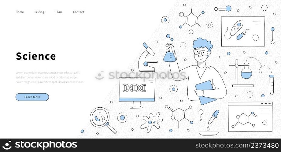 Science banner with man scientist in laboratory. Vector landing page of chemistry, biology, medical research with doodle illustration of chemist with lab flask, microscope and DNA molecule. Science banner with man scientist in laboratory