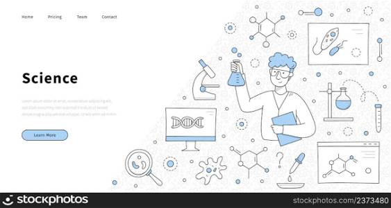 Science banner with man scientist in laboratory. Vector landing page of chemistry, biology, medical research with doodle illustration of chemist with lab flask, microscope and DNA molecule. Science banner with man scientist in laboratory