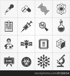 Science Black White Icons Set . Science black white icons set with microscope and formula symbols flat isolated vector illustration