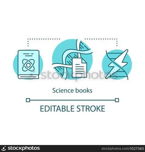 Science books concept icon. Sci fi literature idea thin line illustration. Educational textbooks for studying, physics learning books. Vector isolated outline drawing. Editable stroke