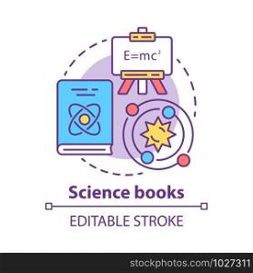 Science books concept icon. Scientific literature idea thin line illustration. Academic paper research, tractate. Physics and astronomy encyclopedia. Vector isolated outline drawing. Editable stroke