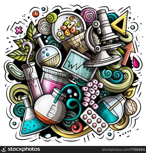 Science cartoon vector doodle design. Colorful detailed composition with lot of scientific objects and symbols. All items are separate. Science cartoon vector doodle design