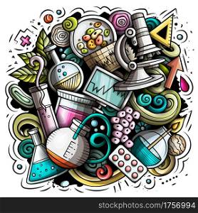 Science cartoon vector doodle design. Colorful detailed composition with lot of scientific objects and symbols. All items are separate. Science cartoon vector doodle design