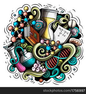 Science cartoon vector doodle design. Colorful detailed composition with lot of scientific objects and symbols. All items are separate. Science cartoon vector doodle design