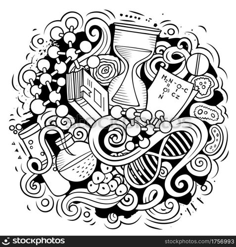 Science cartoon vector doodle design. Sketchy detailed composition with lot of scientific objects and symbols. All items are separate. Science cartoon vector doodle design