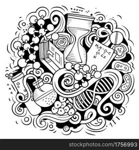 Science cartoon vector doodle design. Sketchy detailed composition with lot of scientific objects and symbols. All items are separate. Science cartoon vector doodle design
