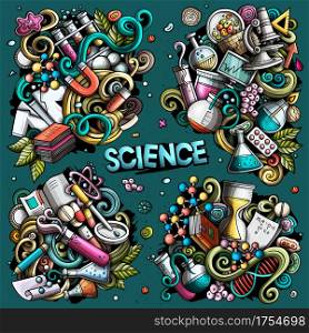 Science cartoon vector doodle designs set. Colorful detailed compositions with lot of scientific objects and symbols. All items are separate. Science cartoon vector doodle designs set.
